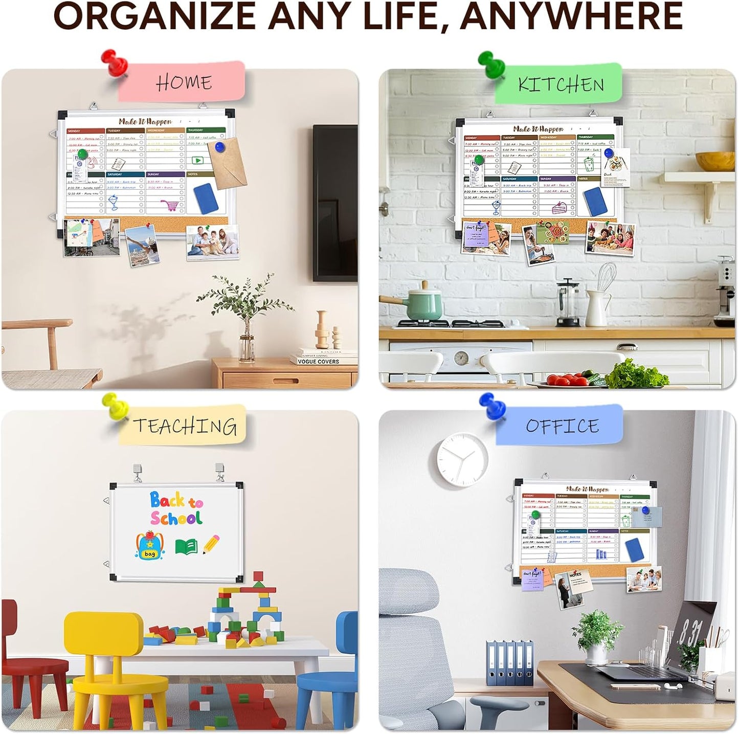 Marsrock Weekly Dry Erase Board and Cork Board Combo for Wall, 17"x13" Reversible Hanging Dry Erase Board, Double Sided White Board with Aluminum Frame for Planning, Office, Kitchen, School, Home