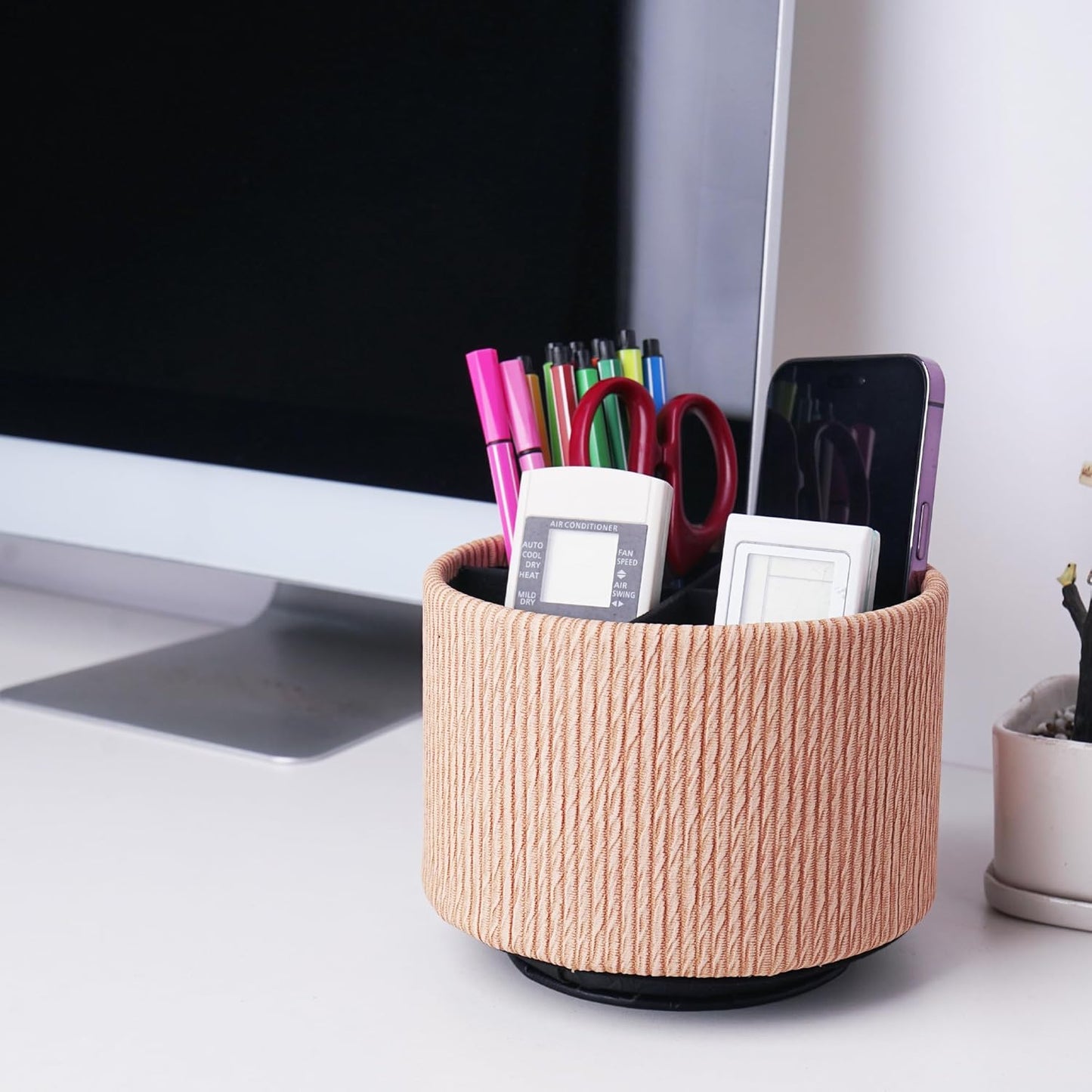 Round Leather Art Supply Organizer,Remote Control Holder,360 Degree Rotating,Multi-Functional Pencil Holder,4 Compartments Desktop Stationary Organizer(1-Fractal Flower) | Round - Colors A