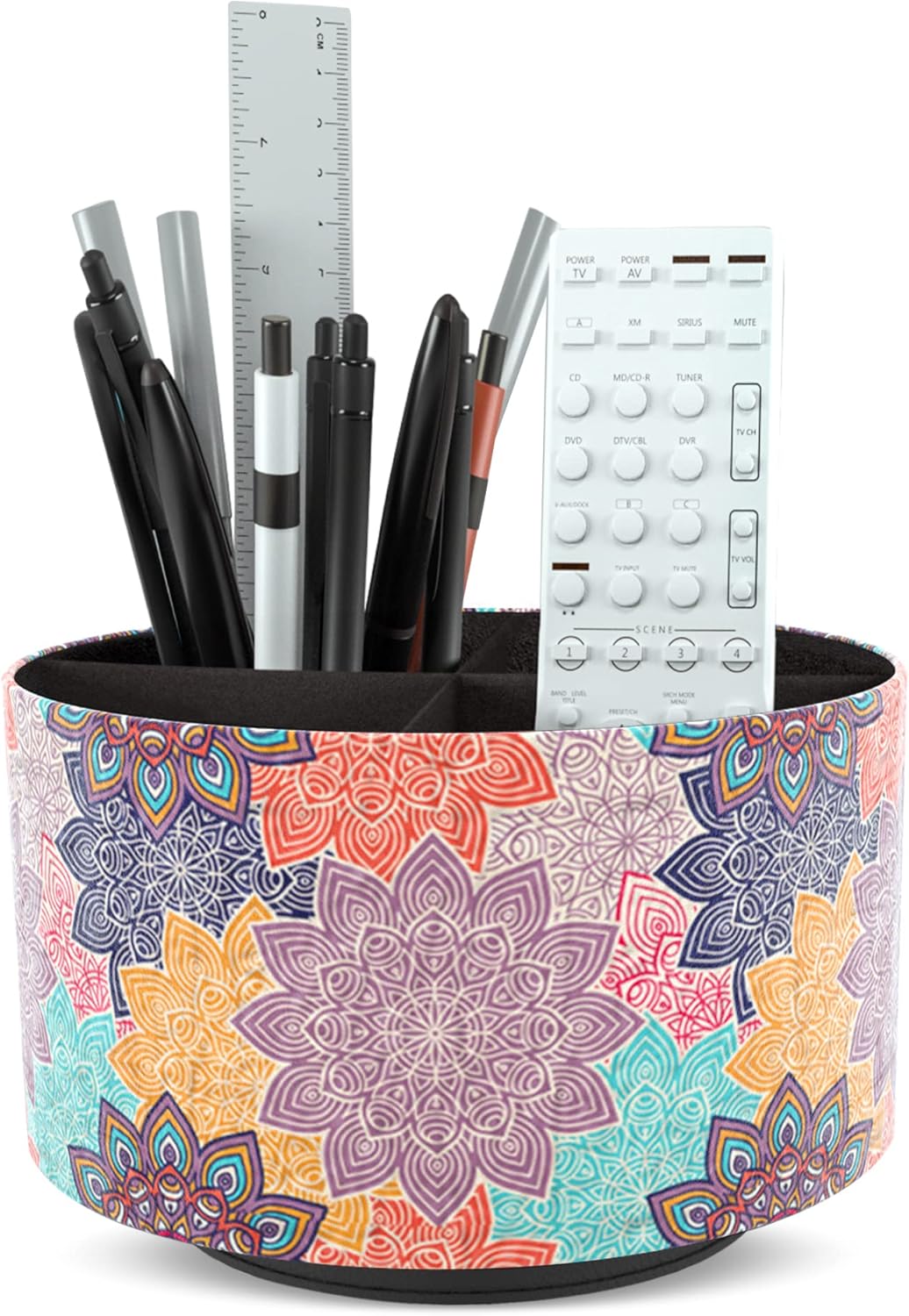 Round Leather Art Supply Organizer,Remote Control Holder,360 Degree Rotating,Multi-Functional Pencil Holder,4 Compartments Desktop Stationary Organizer(1-Fractal Flower) | Round - Colors A