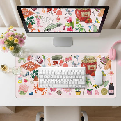 Pink Desk Mat, Leather Desk Pad Blotter Protector, XXL Large Mouse Pad,Computer Laptop Mouse Pads for Desktop,Waterproof Writing Anti-Slip Mousepad for Office and Home I Colorful Stickers