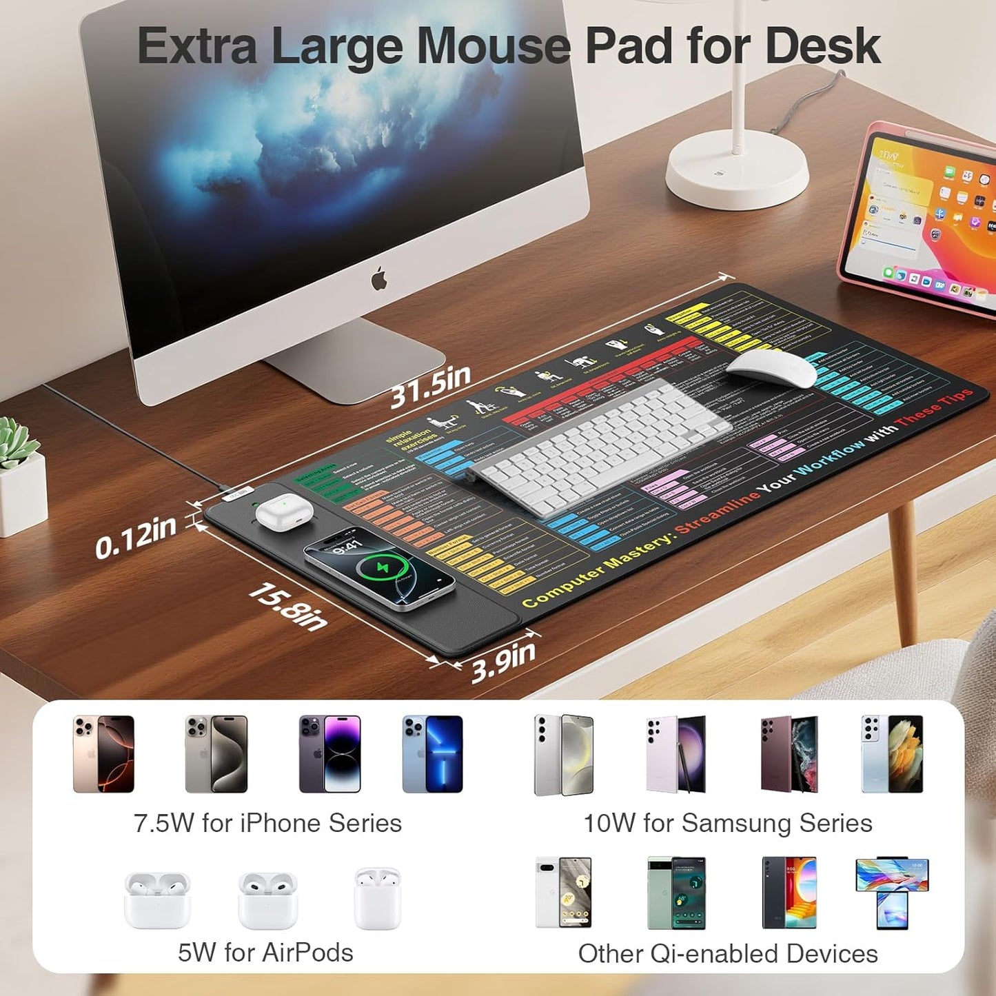 Wireless Charging Mouse Pad with Foldable Phone Holder, 31.5"x15.8" Large Desk Mat for Laptop/Keyboard, Waterproof Ultra-Smooth Surface, Non-Slip Base, Black