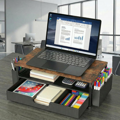 ECOLOVI Desk Organizer and Accessories, 2-Tier Computer Monitor Stand Rise with Storage Drawer & 2 Pen Holders, Laptop & Printer Stand for Desktop, Workspace Organizers for Office Supplies (Brown)