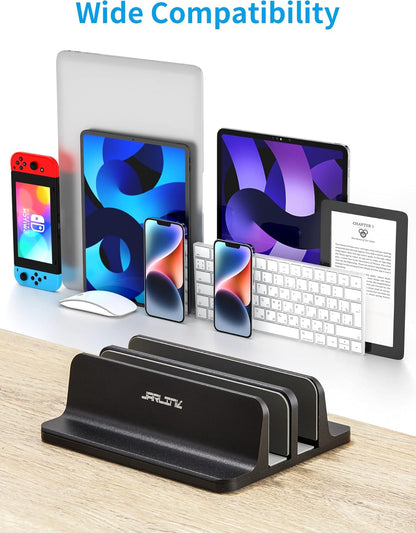 JARLINK Vertical Laptop Stand Holder, Aluminum Double Desktop Stand Holder with Adjustable Dock (Up to 17.3 inch), Compatible with MacBook, Surface, Chromebook, and Gaming Laptops, Silver