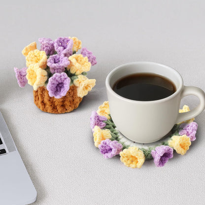Flower Crochet Coasters, Handmade Bouquet Blanket Coaster with Crochet Plant Pot Fun Soft Decorative Drink Coasters for Coffee Tabletop Protection and Home Decor (Pink, 1Pc)