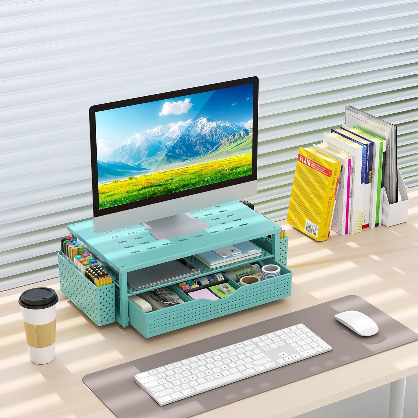 gianotter Monitor Stand Riser, Office Desk Shelf Organizer, Desk Organizer with Drawer and Pen Holder, 2-Tier Computer Stand, Office Organization (Ink)