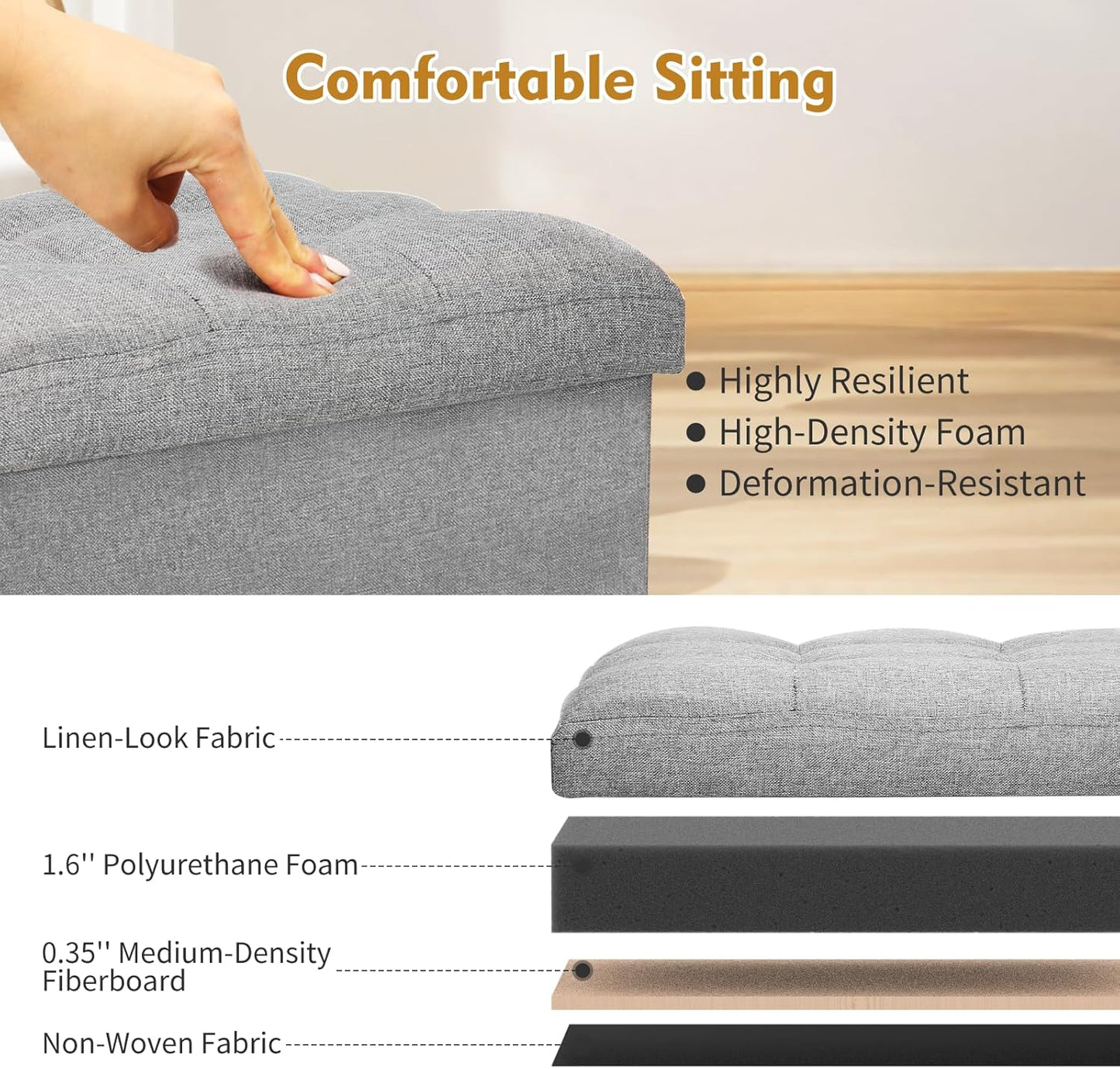 Storage Ottoman with Extra Thick Foam Padded Seat, Foldable Foot Rest Stool with Linen Fabric, 43L Ottoman with Storage Bench for Bedroom Living Room, Holds Up to 300lbs, 17x13x13in, Dark Gray