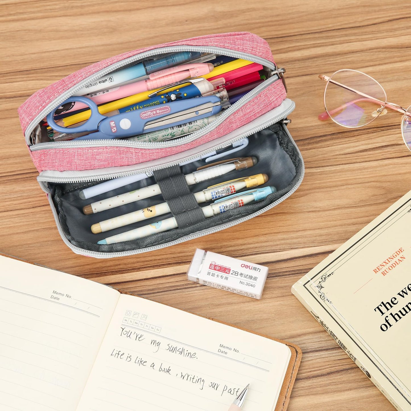 Della Gao Large Pencil Case, Big Capacity Pencil Pouch with 2 Compartments, Office Pencil Bag with Zipper, Big Pen Case for Adults (01-Black)