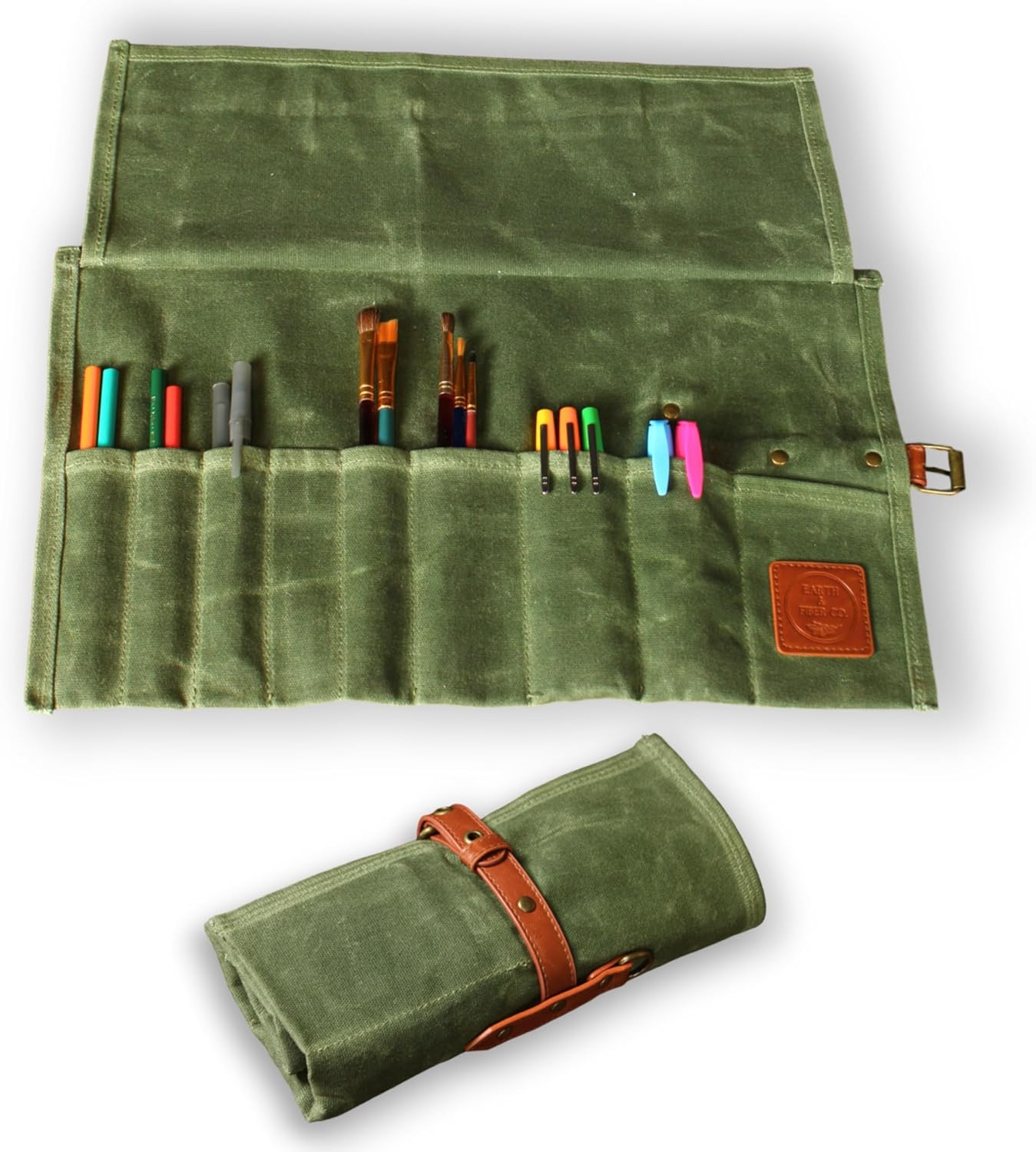 Earth & Fiber Co. Compact Waxed Canvas Paint Brush Holder - Portable Art Bag for Painting & Drawing - Art Supplies Organizer - Storage Roll Bag for Artists (blue)