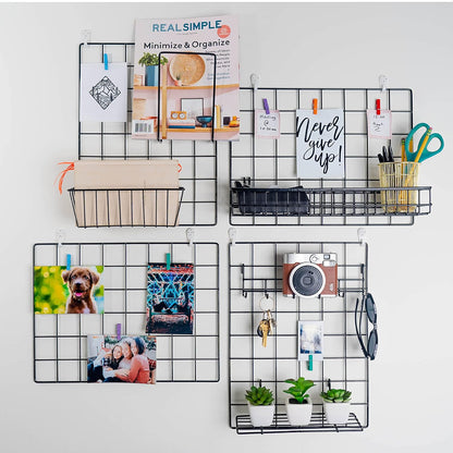 2 Pack Wire Wall Grid Panel With Accessories | Includes Hanging Basket, Shelf & Hook Rack | Photo Grid Wall Panels | Hanging Home, Office & Kitchen Décor | Metal & Black