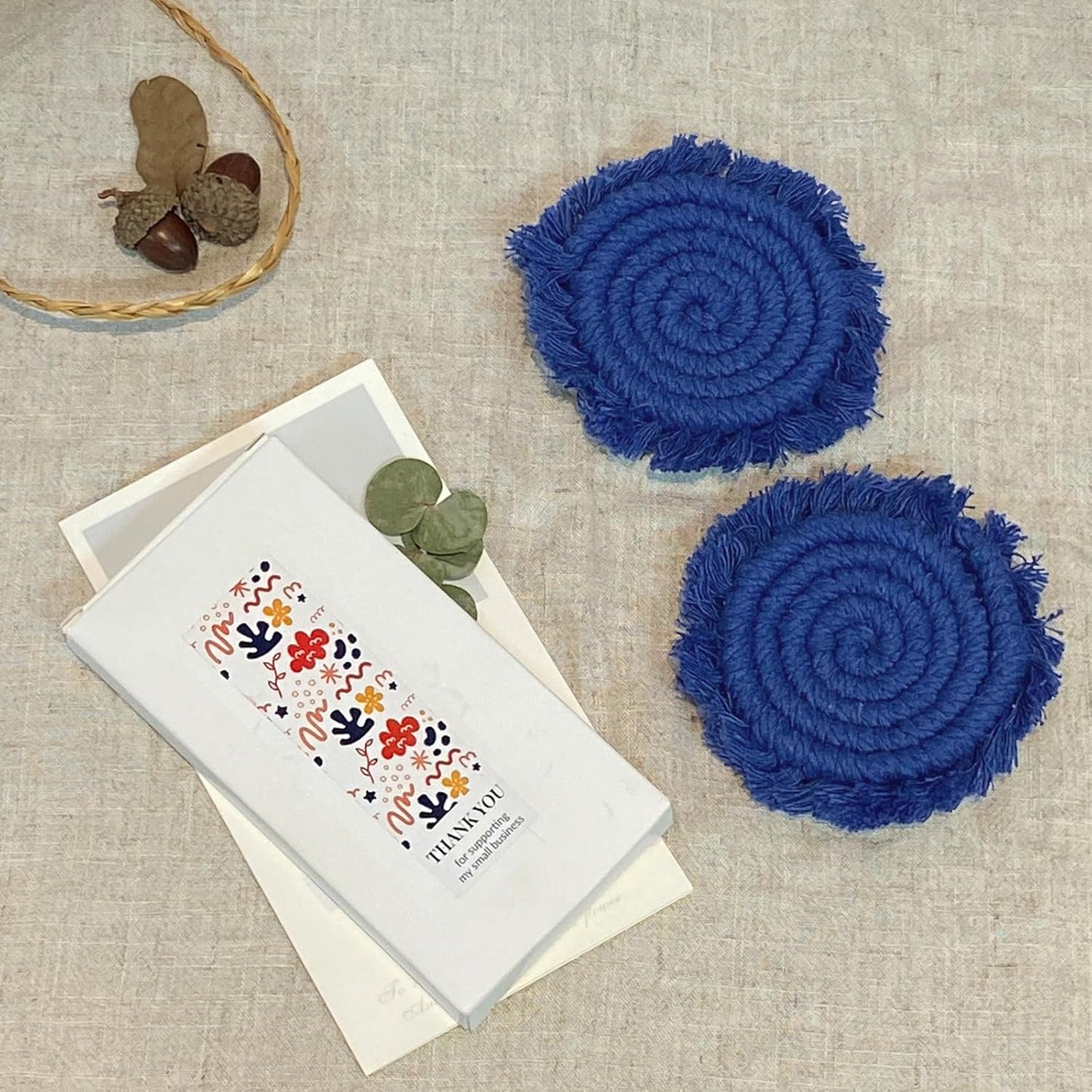 7.4in Boho Coasters for Drinks, Handmade Woven Absorbent Coasters for Desk, Farmhouse Cute Coaster for Mugs Cups - Gifts for Women, Beige