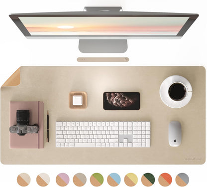RENMTURE Desk Pad, Cork & PU Leather Desk Mat, Large Mouse pad, Non-Slip Desk Protector and Blotter, Waterproof Writing Pad, Desk Accessories and Organizers for Home Office (Light Yellow, 32"x16")