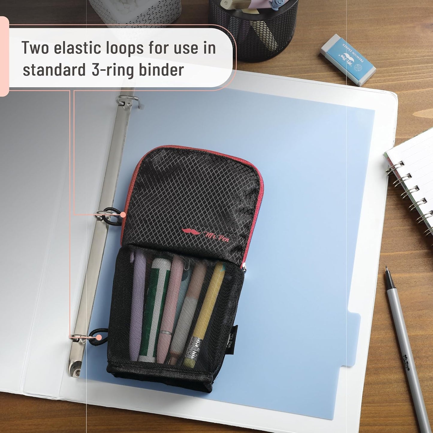 Mr. Pen- Standing Pencil Case Pouch, Sit & Lay Mesh-View Design, Black & Gray, Interior Pocket & 2 Elastic Binder Loops, Cute Pencil Case for Girls and Boys