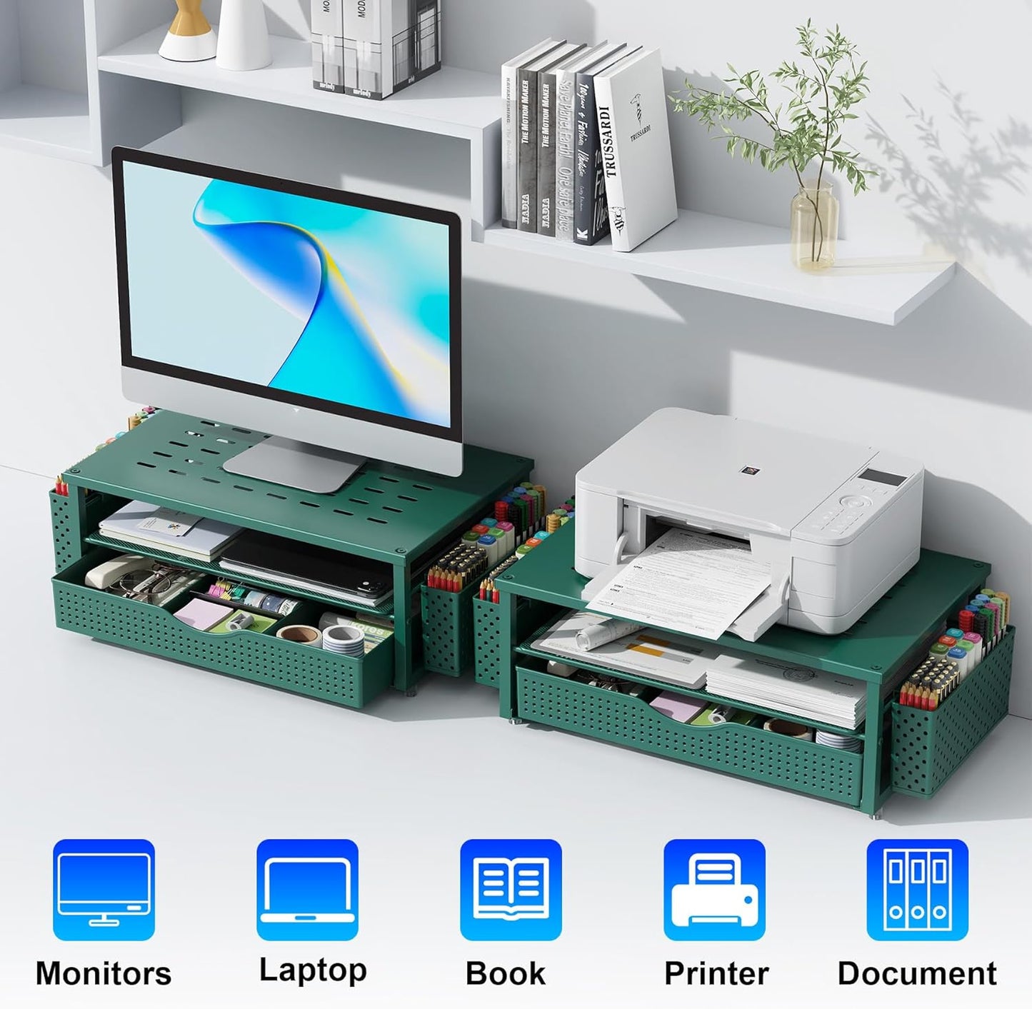 gianotter Monitor Stand Riser, Office Desk Shelf Organizer, Desk Organizer with Drawer and Pen Holder, 2-Tier Computer Stand, Office Organization (Ink)