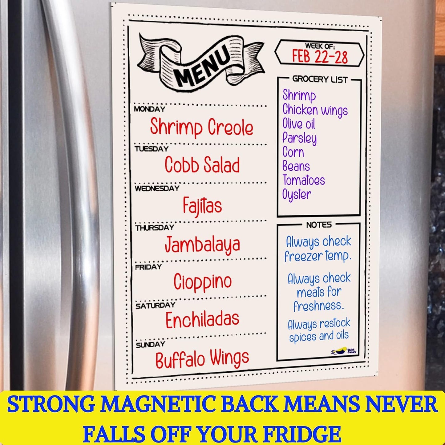 Magnetic Weekly Meal Planner for Fridge – 16” x 12” Dry Erase Menu Board with Grocery List & Notes – Stain-Resistant Whiteboard for Family Meal Planning Includes 3 Magnetic Markers & Eraser