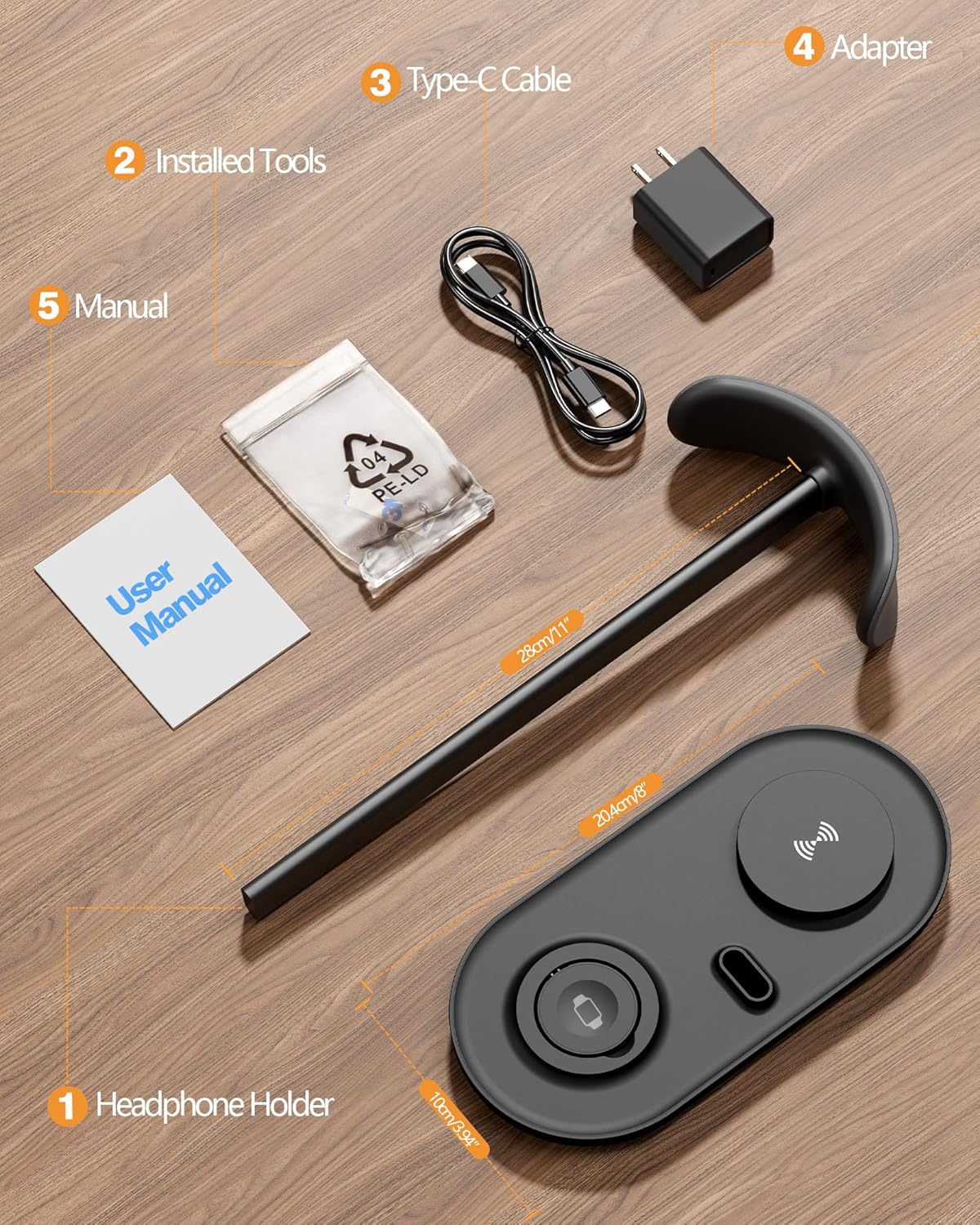 HiWe 4-in-1 RGB Gaming Headphone Stand with Dual Controller Holder, Wireless Charger for iPhone/Apple Watch, USB-A & USB-C Outputs, Adapter Included, Black