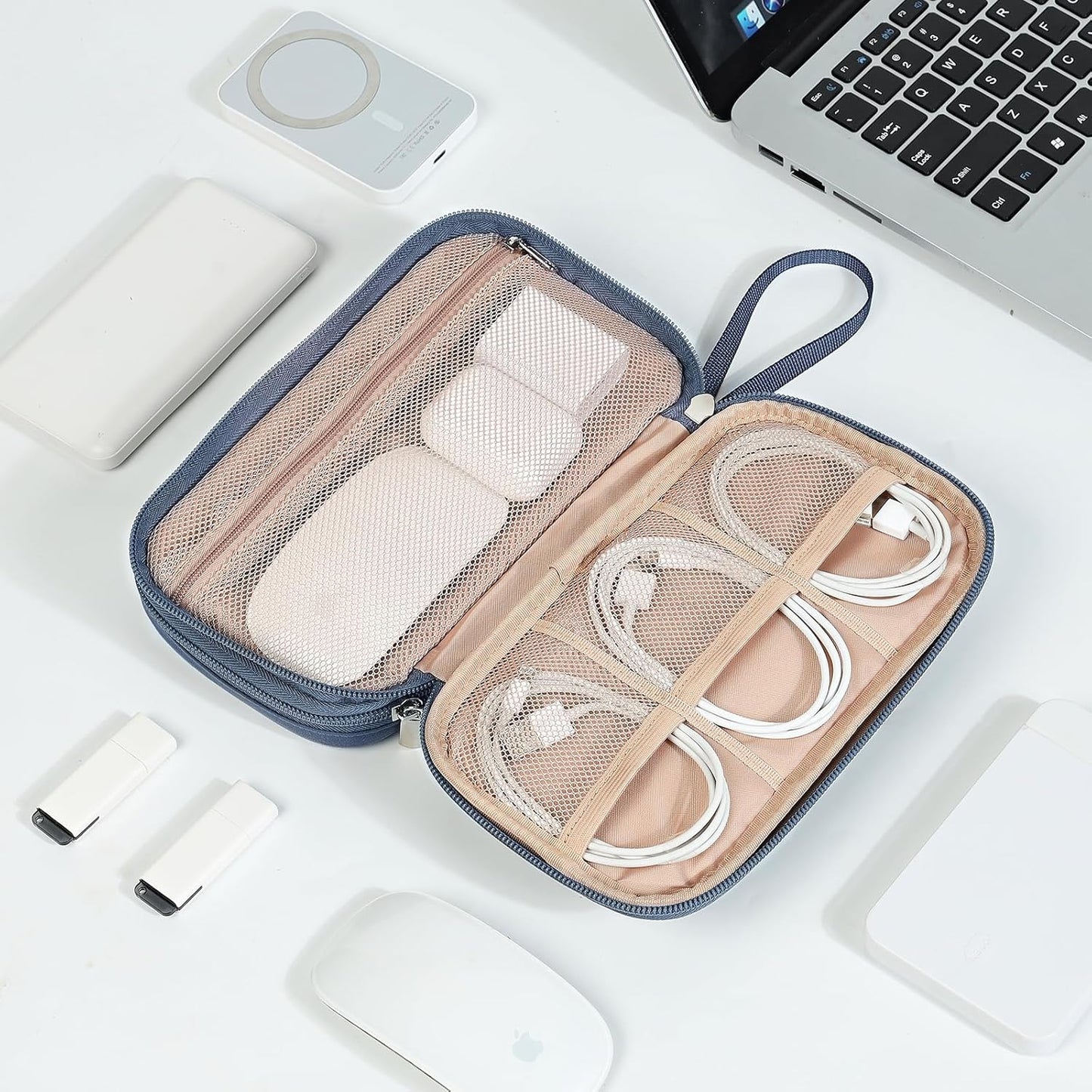 NISHEL Travel Cord Organizer Case, Double Layers Tech Electronic Bag, Essentials for Charger, Cable, Phone, Flash drive, Medium, Pink
