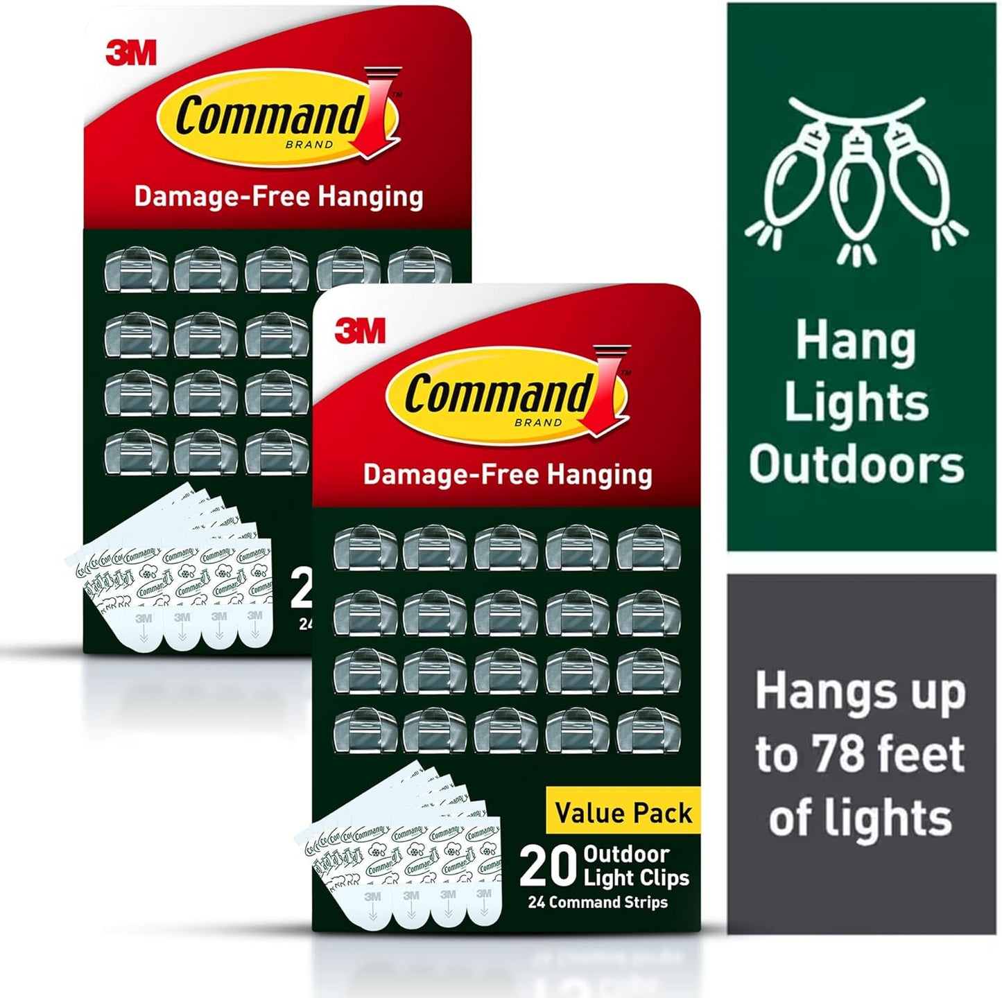 Command Outdoor Light Clips, 20 Clear Clips and 24 Command Strips, Damage-Free Hanging Outdoor Light Clips with Weather Resistant Strips, Wall Clip for Hanging Outdoor Lights and Cable Management