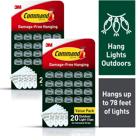 Command Outdoor Light Clips, 20 Clear Clips and 24 Command Strips, Damage-Free Hanging Outdoor Light Clips with Weather Resistant Strips, Wall Clip for Hanging Outdoor Lights and Cable Management
