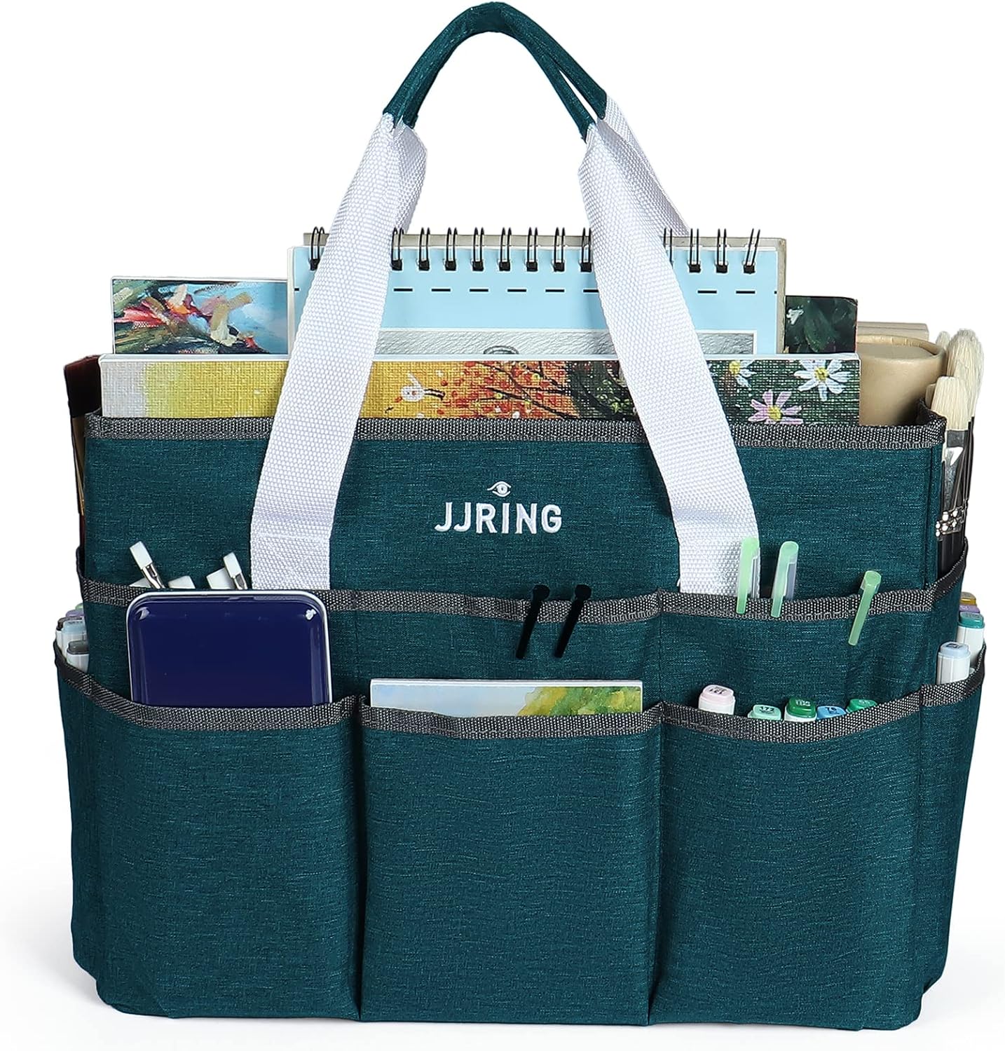 JJRING Craft Organizer Tote Bag for Art Storage, Caddy with Multiple Pockets, Bluish Green Sewing Bag for Scrapbooking, School, Medical, and Office Supplies