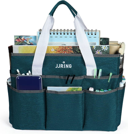 JJRING Craft Organizer Tote Bag for Art Storage, Caddy with Multiple Pockets, Bluish Green Sewing Bag for Scrapbooking, School, Medical, and Office Supplies