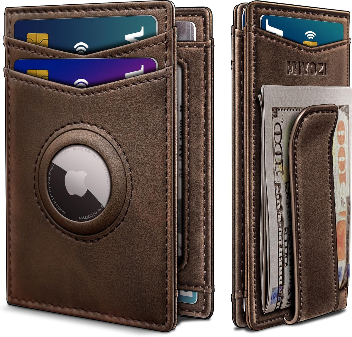 miyozi Airtag Wallet for Men- with Money Clip Gift Boxed, Magnetic Closure Slim Genuine Leather Front Pocket Wallet, 4.1"x 2.8", RFID Blocking