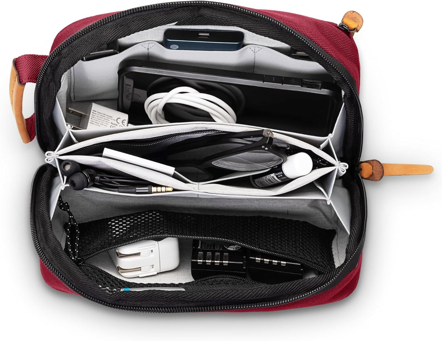 Tech Bag Organizer - Small Electronics Organizer Pouch for Travel - Premium Travel Case with Leather Accents - Mesh Pocket for Cables, Cords and Chargers (Black)
