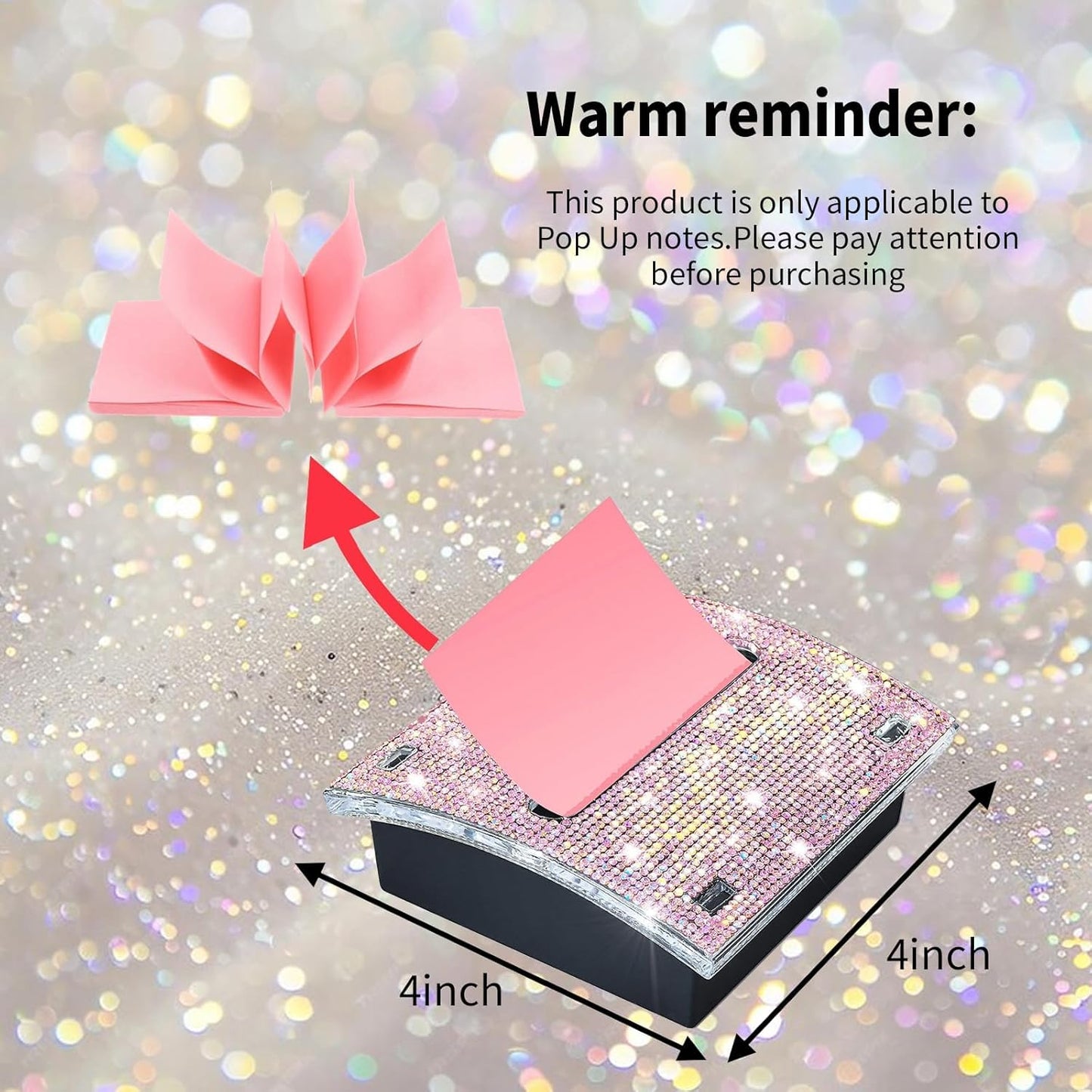 Rhinestone Self Sticky Note Holder Post it Note Dispenser Pop-Up Sticky Notes Dispenser 4 x 4 inch Post it Dispenser for Office Desk Accessories(Pink)
