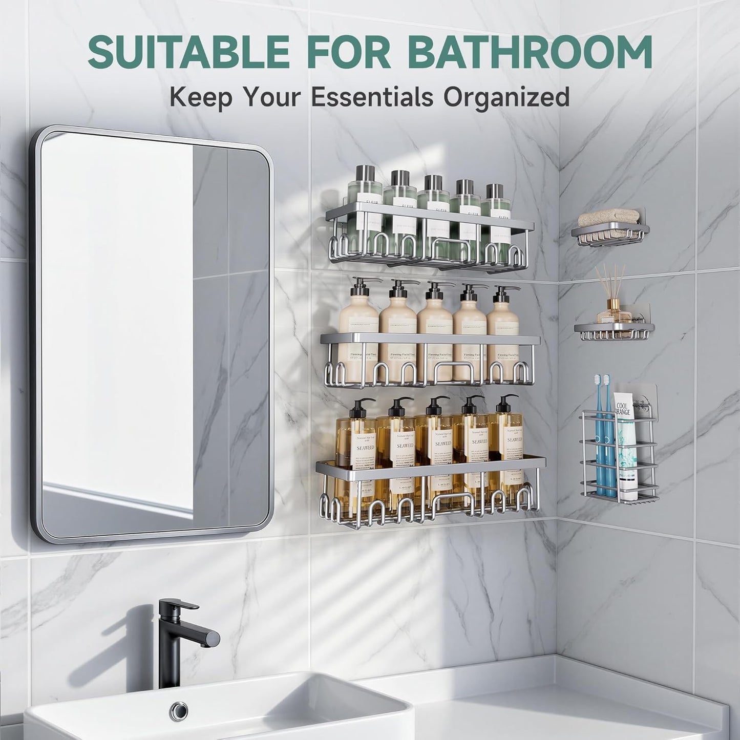 Veken Shower Caddy 6-Pack, Advanced Rustproof Design, No Drilling Adhesive Shelves, Rack with Soap Holder, Large Capacity Bathroom Organizers and Storage, Wall-Mounted Kitchen & Home Decor