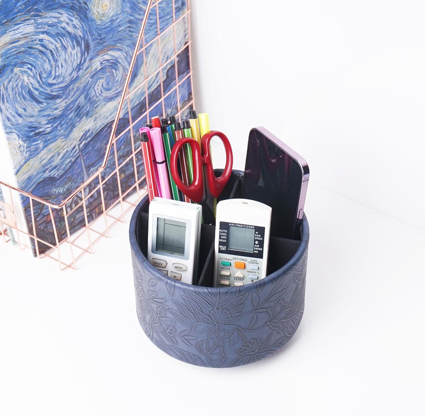 Round Leather Art Supply Organizer,Remote Control Holder,360 Degree Rotating,Multi-Functional Pencil Holder,4 Compartments Desktop Stationary Organizer(1-Fractal Flower) | Round - Colors A