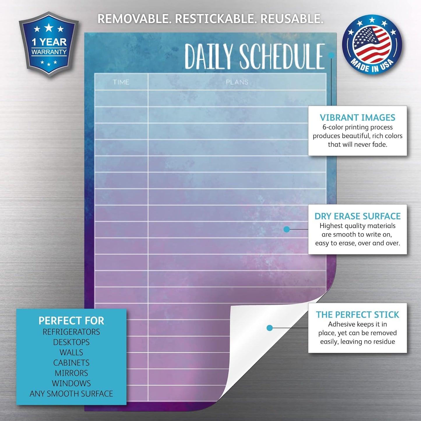 Dry Erase Daily Schedule Planner Sticker Decal by Glassboard Studio | Removable & Reusable | Magnetic Fine-Tip Marker Included (9 x 12 inches, White)