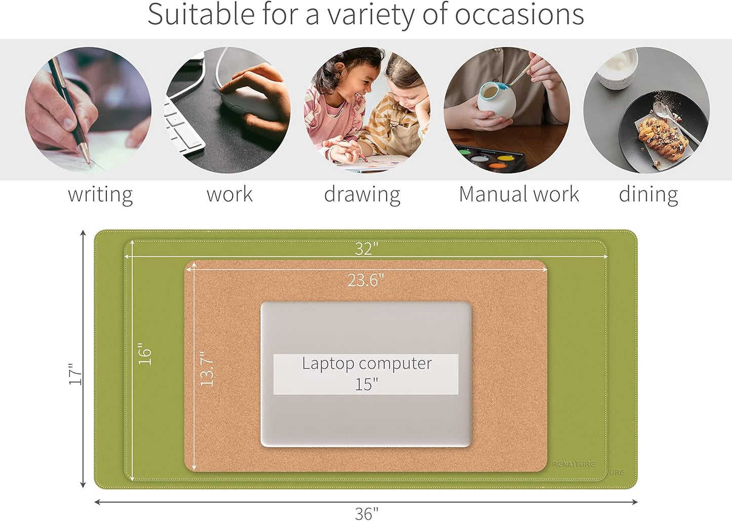 RENMTURE Dual-Sided Mouse Pad, Natural Cork & PU Leather Large Desk Pad for Office and Home Work, Desk Protector Non-Slip, Waterproof, Easy Clean (Olive Green, 32"x16")