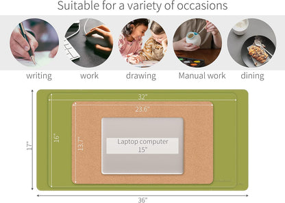 RENMTURE Dual-Sided Mouse Pad, Natural Cork & PU Leather Large Desk Pad for Office and Home Work, Desk Protector Non-Slip, Waterproof, Easy Clean (Olive Green, 32"x16")