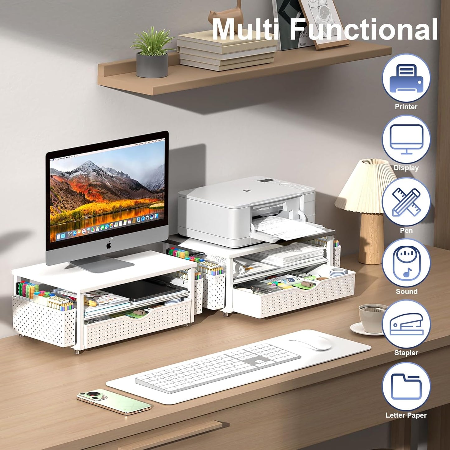 Spacrea Desk Organizer and Accessories, Computer Monitor Stand Riser with Drawer and 2 Pen Holders, Office Desk Accessories & Workspace Organizers for Office Supplies (Wood)