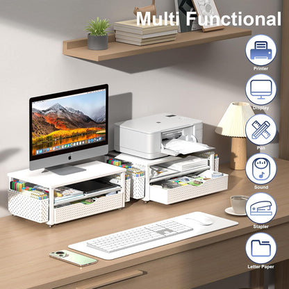 Spacrea Desk Organizer and Accessories, Computer Monitor Stand Riser with Drawer and 2 Pen Holders, Office Desk Accessories & Workspace Organizers for Office Supplies (Wood)