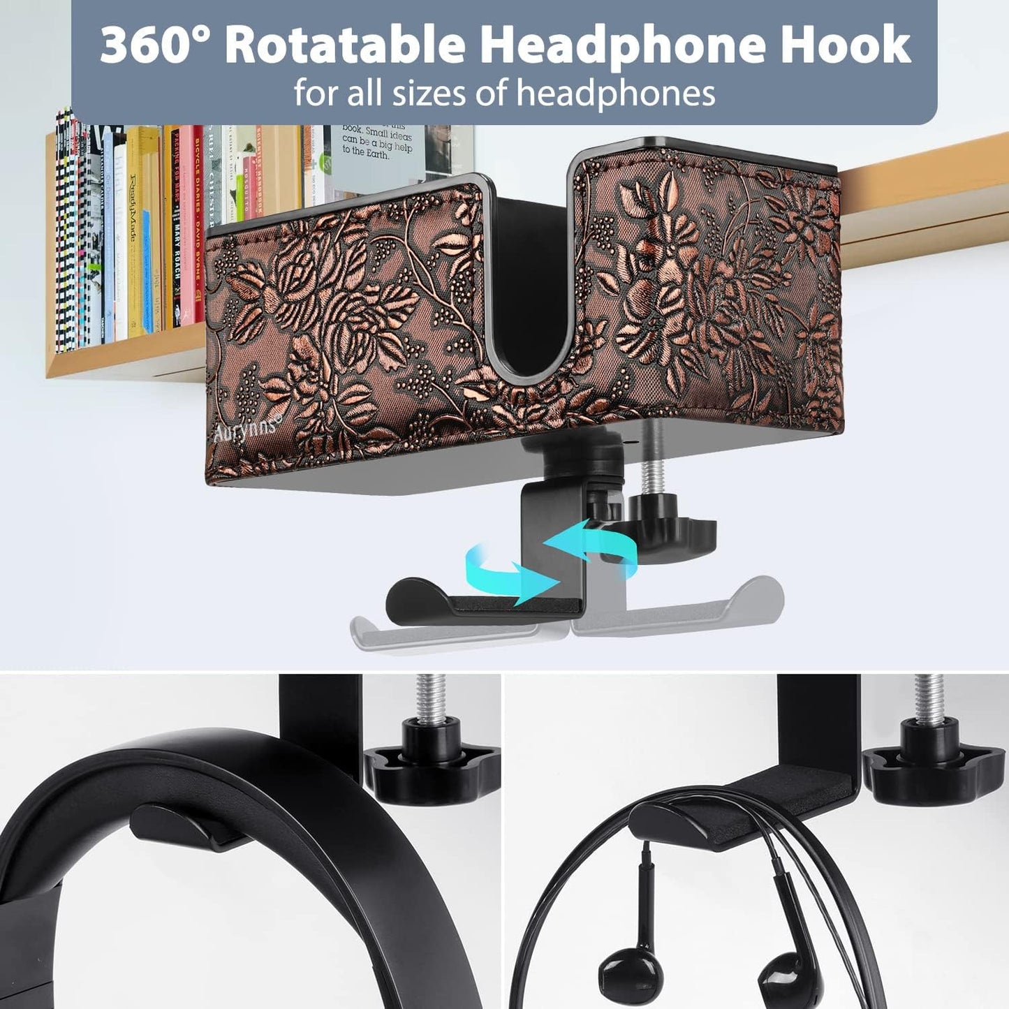 Desk Cup Holder Clip on Pen Holder Headphone Hanger Headset Stand Rotatable Clamp Hook Under Desk (Black)
