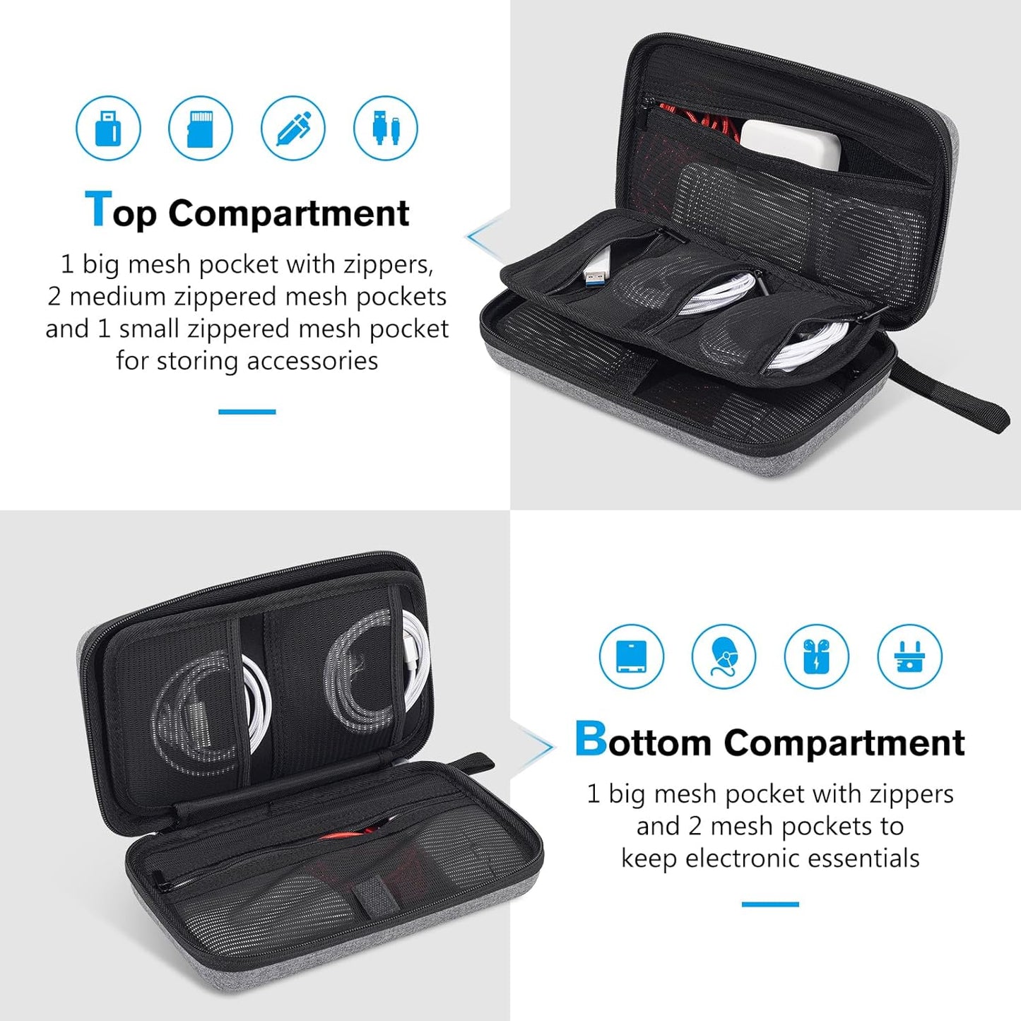 ProCase Large Hard Travel Electronic Organizer Case for MacBook Power Adapter Chargers Cables Tech Organizer Hard Drive USB Flash Disk SD Card Portable Electronics Accessories Bag -Black