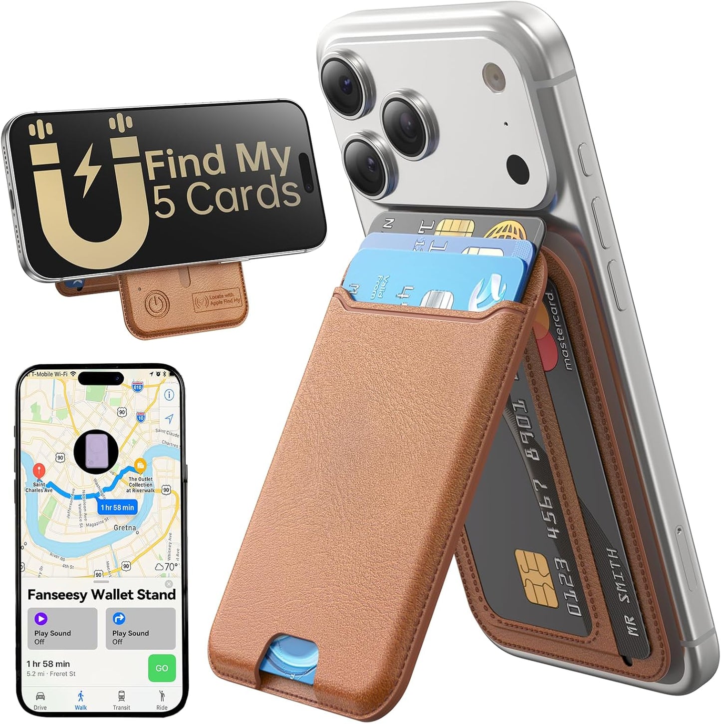 for MagSafe Wallet, Works with Apple Find My,5 Card Holder with Stand, Magnetic Phone Wallet Stand for iPhone 17/16/15/14/13/12 Pro Max Air Plus, RFID Blocking Vegan Leather,Black