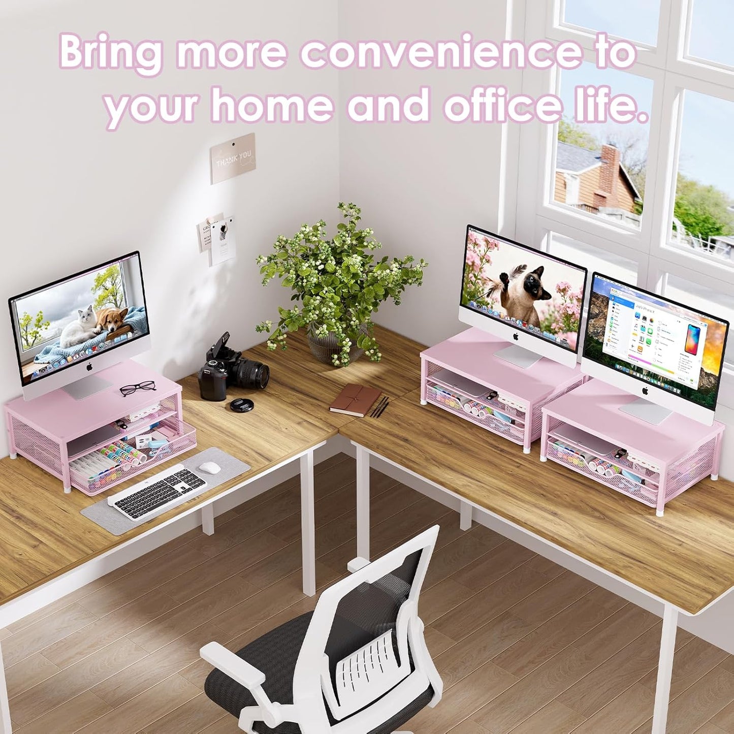 OPNICE Computer Monitor Stand Riser, Desk Organizer with Drawer, Printer & Laptop Stand, Office Desk Accessories & Workspace Desktop Organizers Storage for Office Supplies(Black)