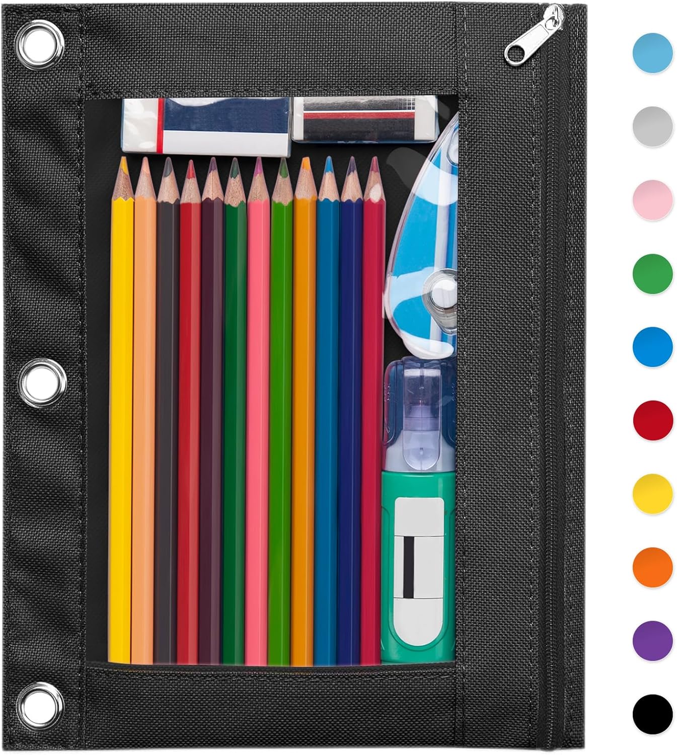 Forvencer Pencil Pouch for 3 Ring Binder, Large Pencil Case Pouch with 3 Reinforced Grommets, Pen Bag, Clear Window Pencil Case, Binder Accessories, Black