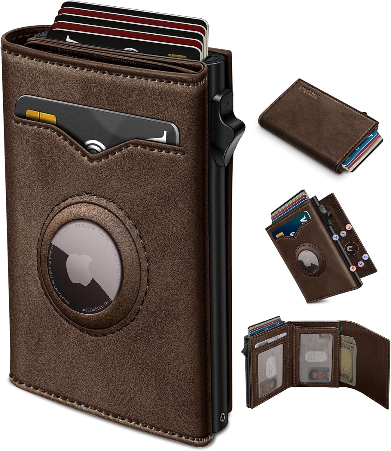 miyozi Airtag Wallet for Men,with Cash Pocket 2 ID Window 9-12 Cards,Metal Case Smart Slim Pop Up Credit Card Holder Flip with Magnetic Closure RFID Blocking Trifold wallet with Gift Box