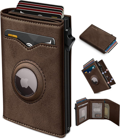 miyozi Airtag Wallet for Men,with Cash Pocket 2 ID Window 9-12 Cards,Metal Case Smart Slim Pop Up Credit Card Holder Flip with Magnetic Closure RFID Blocking Trifold wallet with Gift Box