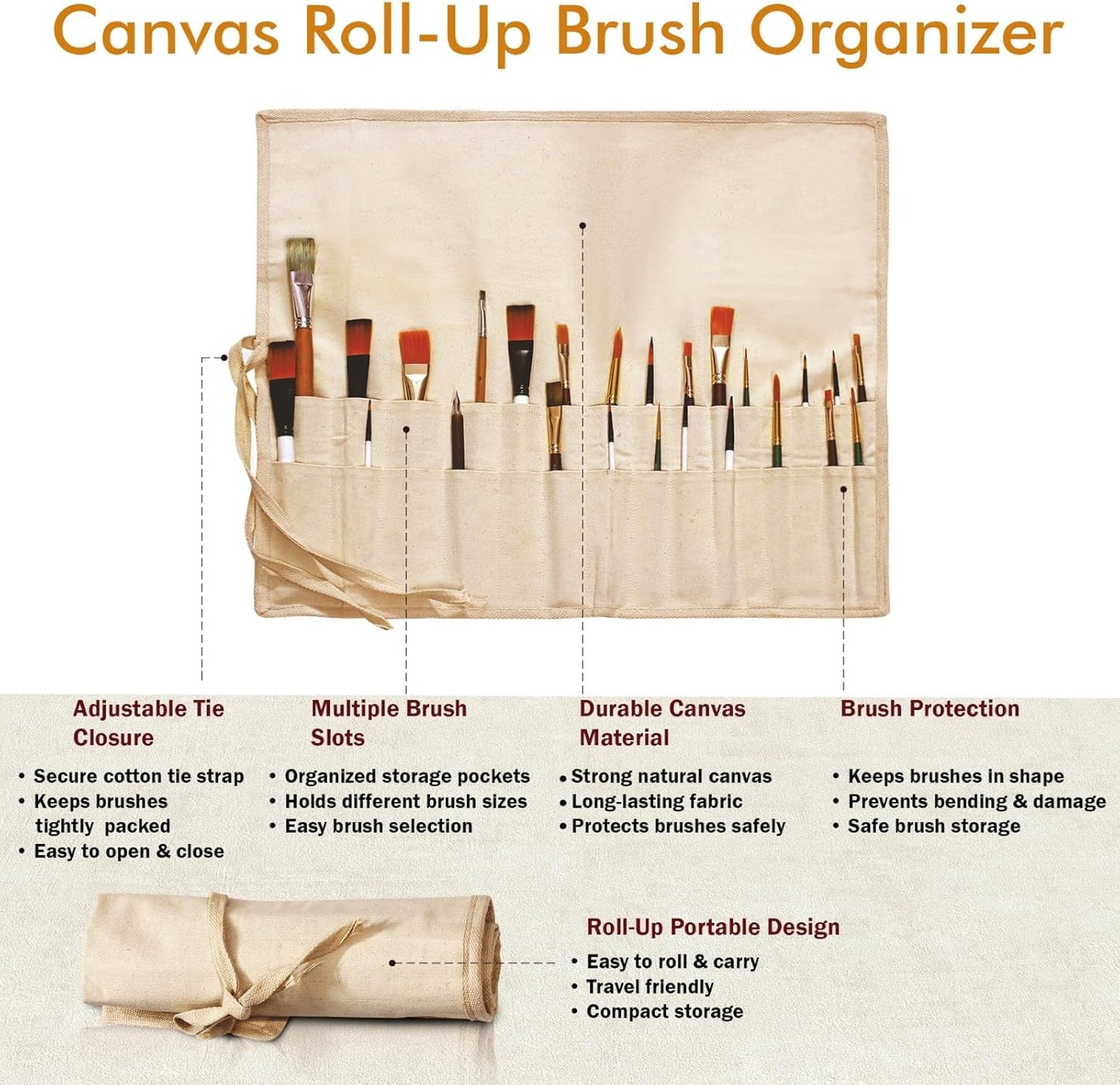 Liquidraw 30 Pocket Canvas Paint Brush Holder - Natural | 21" x 18" | Roll Up Brush Storage Pouch | Ideal Case for Paintbrush & Art Tool Storage | Easy to Carry | Also Great for Storing Makeup Brushes