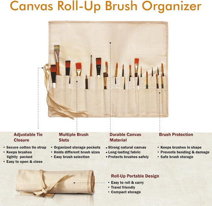 Liquidraw 30 Pocket Canvas Paint Brush Holder - Natural | 21" x 18" | Roll Up Brush Storage Pouch | Ideal Case for Paintbrush & Art Tool Storage | Easy to Carry | Also Great for Storing Makeup Brushes