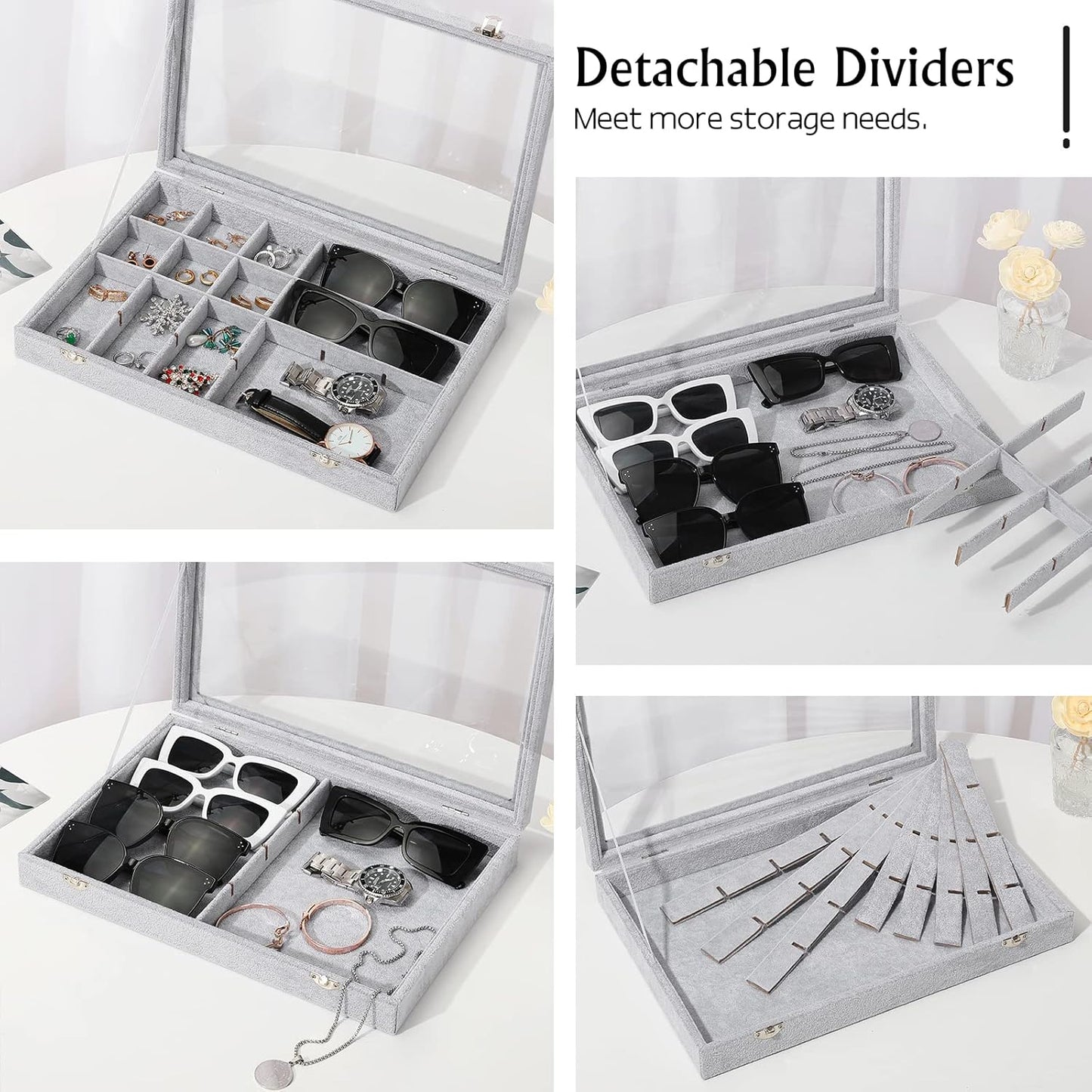Emibele Glasses Organizer Jewelry Tray, 8 Grids with Clear Lid Velvet Tray Watch Storage Stackable Jewelry Showcase Display Storage with Detachable Inner Dividers, Beige