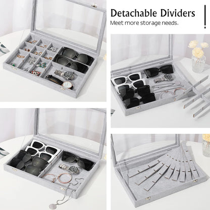 Emibele Glasses Organizer Jewelry Tray, 8 Grids with Clear Lid Velvet Tray Watch Storage Stackable Jewelry Showcase Display Storage with Detachable Inner Dividers, Beige