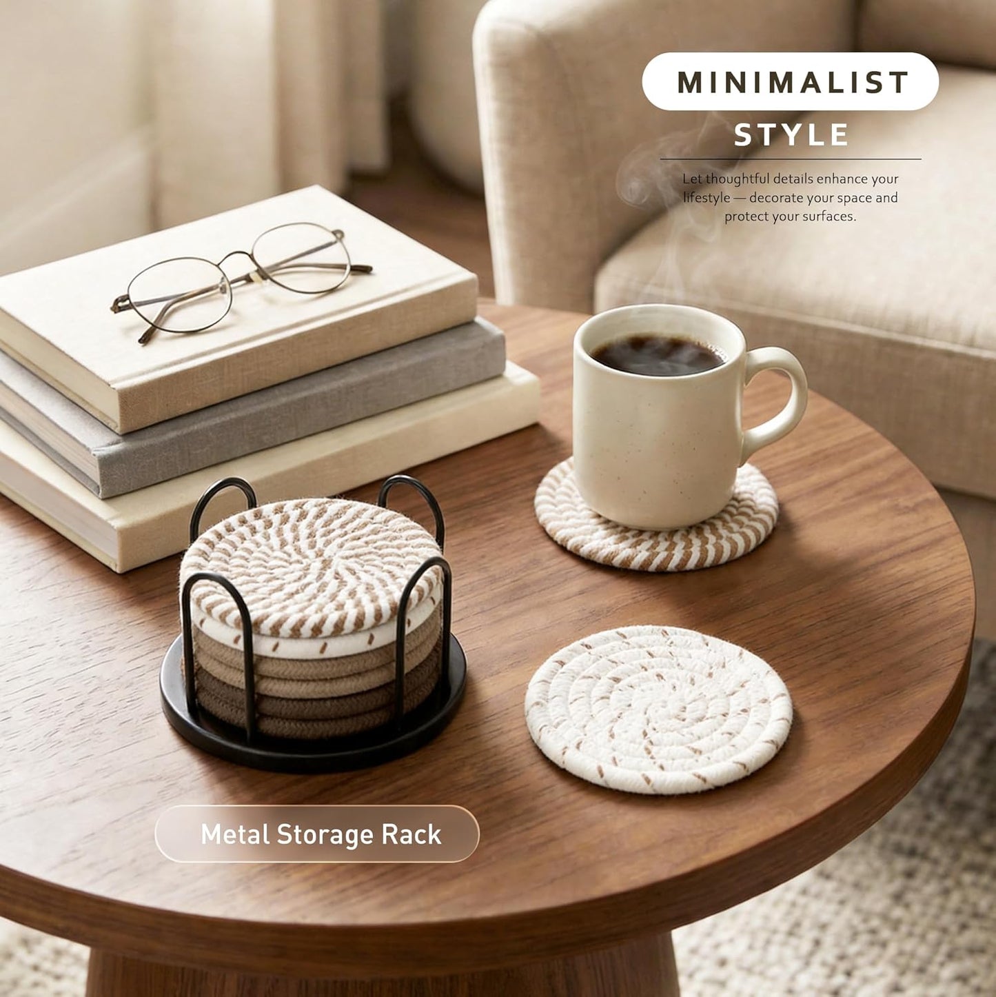 Lazebox Coasters Set of 8 for Drinks, 4 Inch Large Coasters for Coffee Table, Tabletop Protection for Hot & Cold Drinks, Versatile Coasters for Home Decor, Non-Slip & Easy to Clean, Coffee