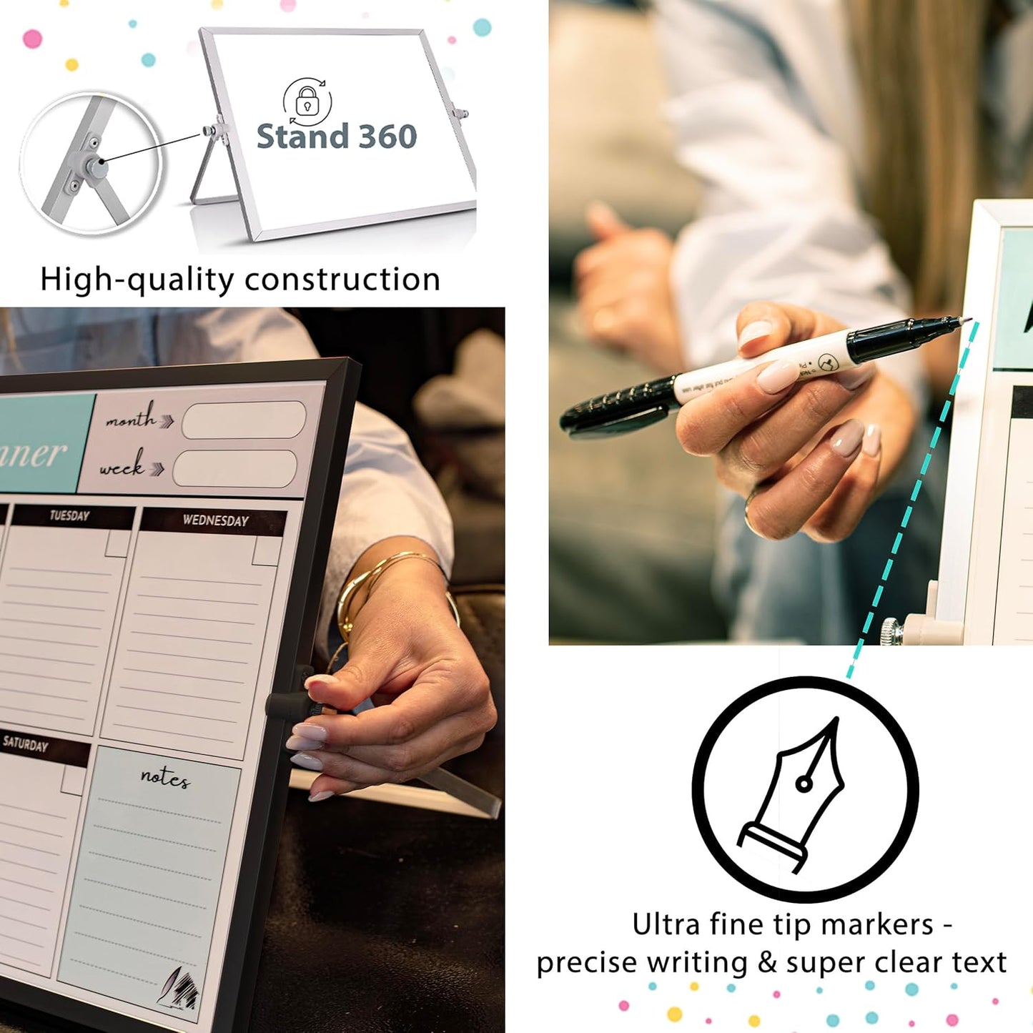 Dry Erase White Board for Desktop & Wall 12"x16" with 2 Magnetic Removable Planners - Weekly & Monthly to Do List Board with Stand, 6 Markers Eraser & Wall Hangers - Portable Double Sided Magnetic