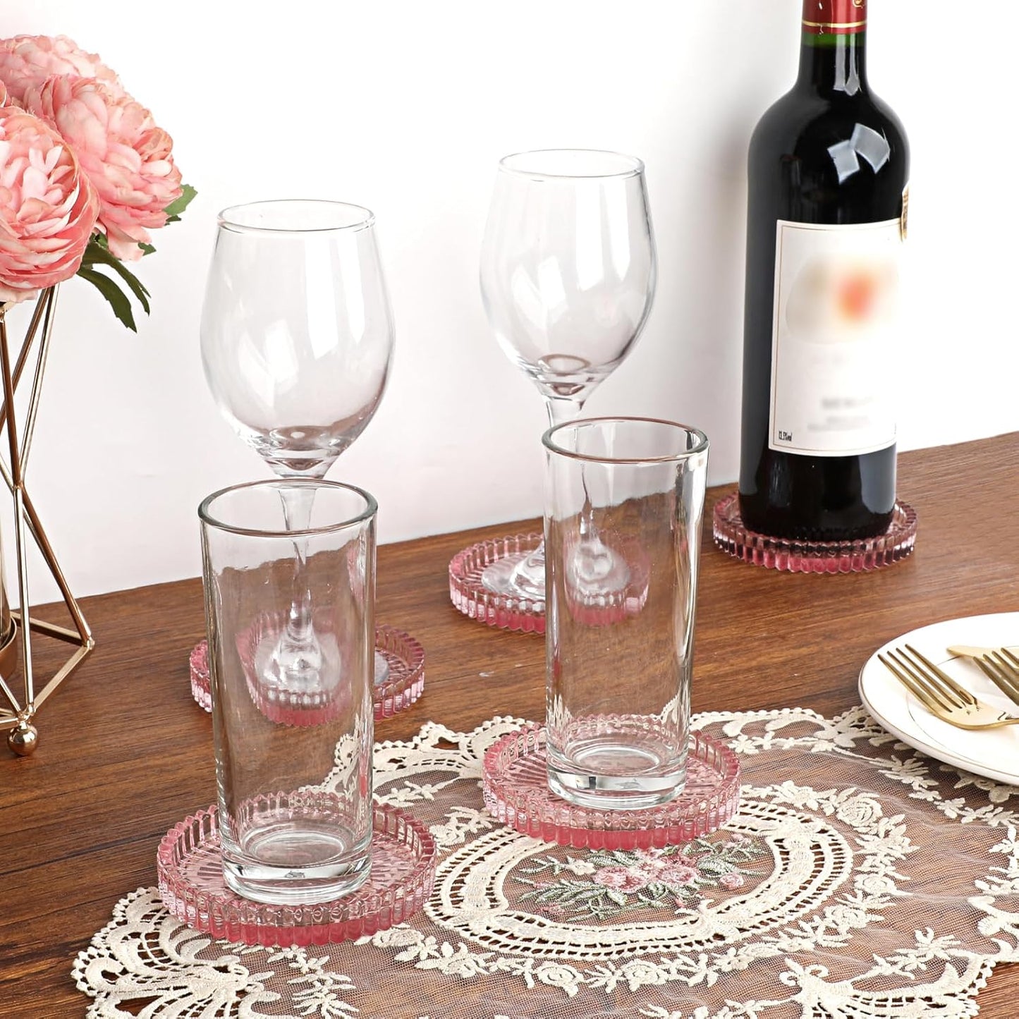 Modern Clear Coasters Set of 5- Glass Cute Coasters for Drinks Crystal Coaster Round Chic Cup Mat Cute Coffee Table Coaster for Kitchen, Bar, Dining Room, Living Room, Patio(Amber)