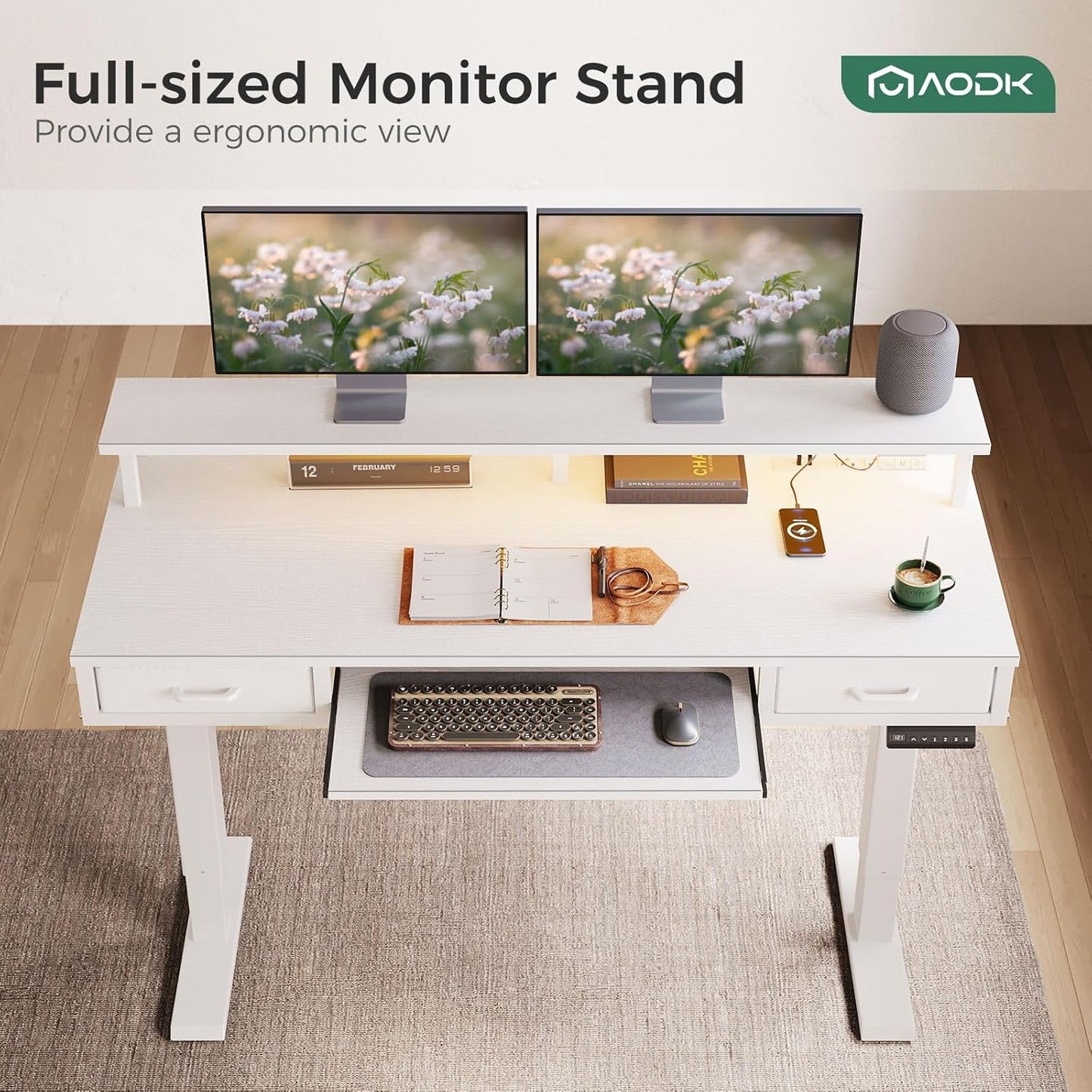AODK Electric Standing Desk with Drawers & Keyboard Tray, 55 Inch Height Adjustable Gaming Desk with Power Outlets & LED Lights, Sit Stand Table with Monitor Stand for Home, Office, Rustic Brown