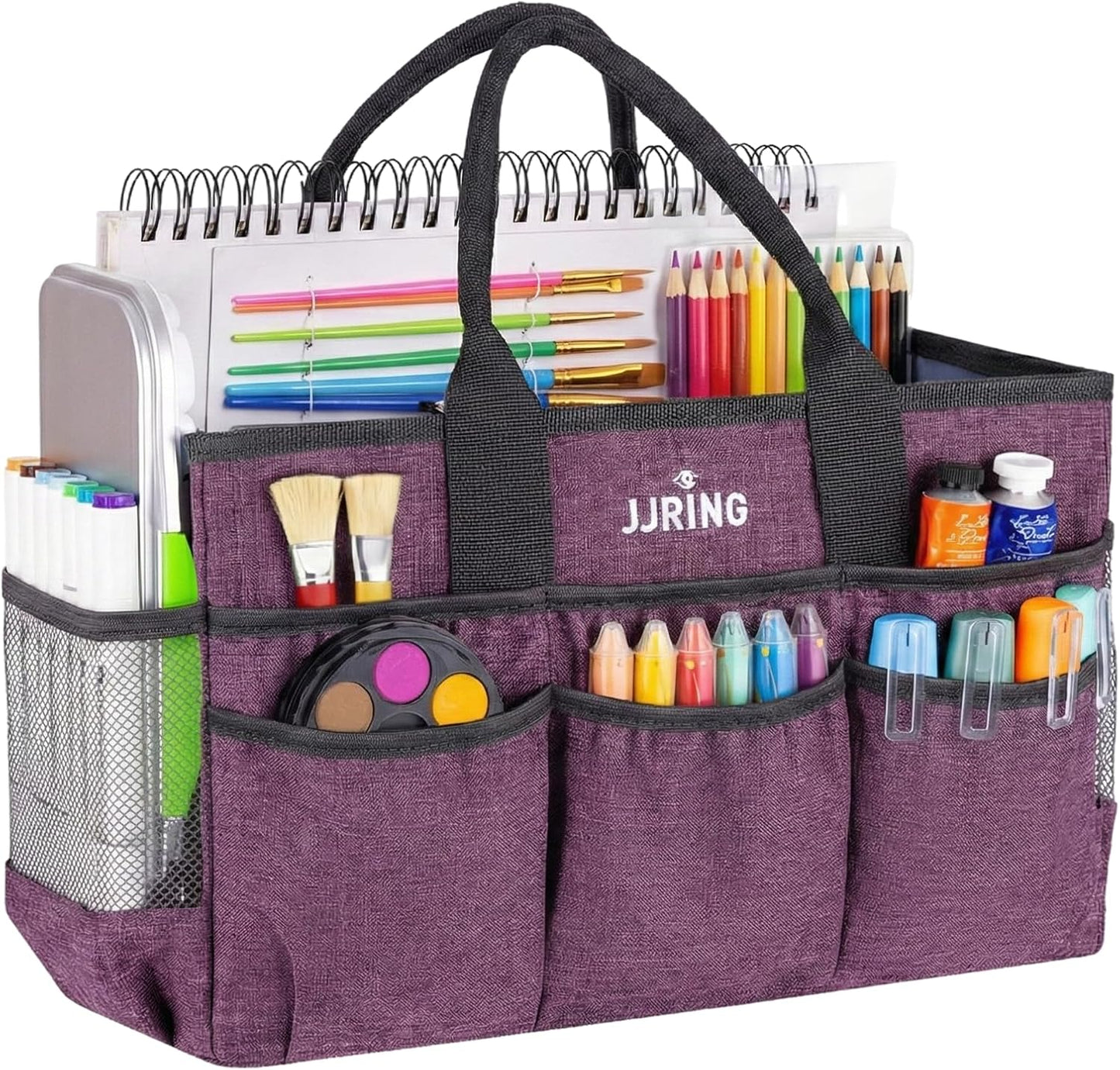 JJRING Large Art Supply Storage Tote Bag With 2 Mesh Side Pockets & Front Elastic Pockets – Sturdy Craft Organizer Caddy with Reinforced Bottom For Sewing, Scrapbooking, Teachers & Artists(Green) | Breathable Material